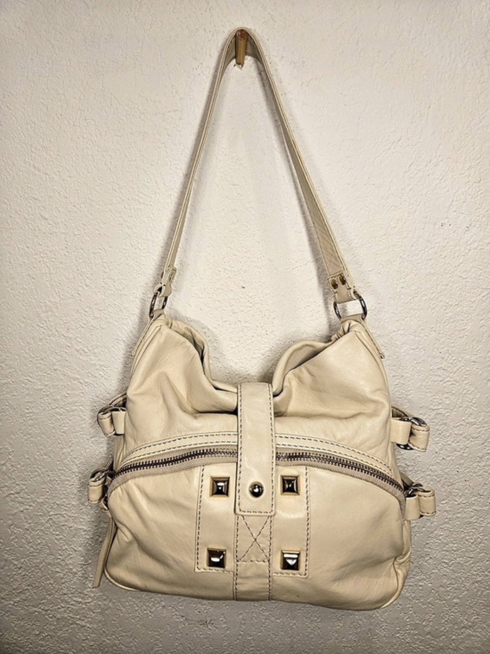 Gianni Bini Slouchy Cream Hobo Handbag Studded Metallic